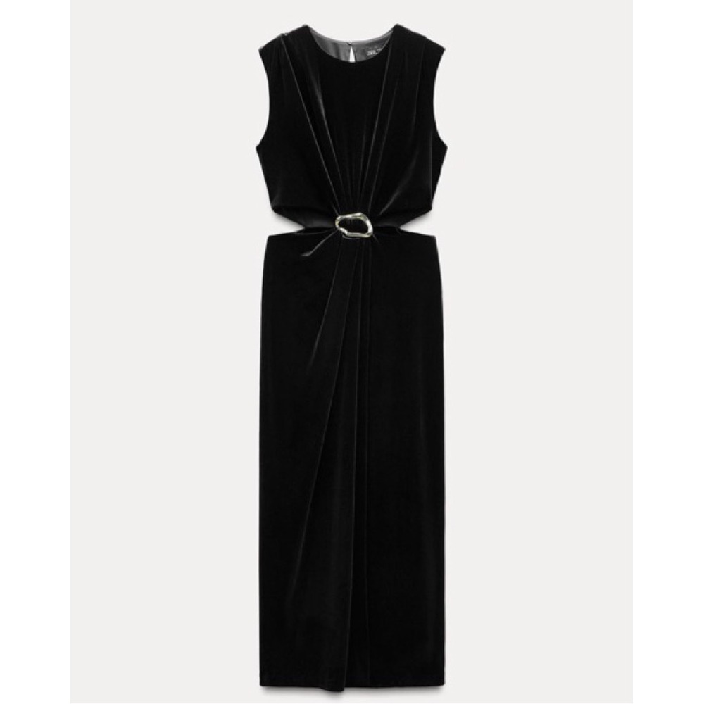 Zara Cut Out Black Velvet Midi Dress Size Small